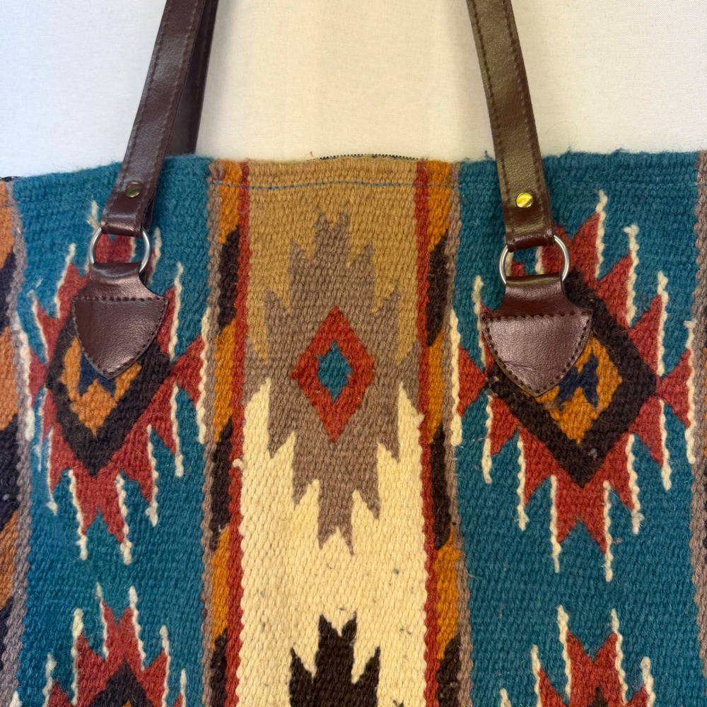 El Paso Saddleblanket Co Southwestern Wool Tote Bag Teal Rust Geometric Zipper - Picture 3 of 8